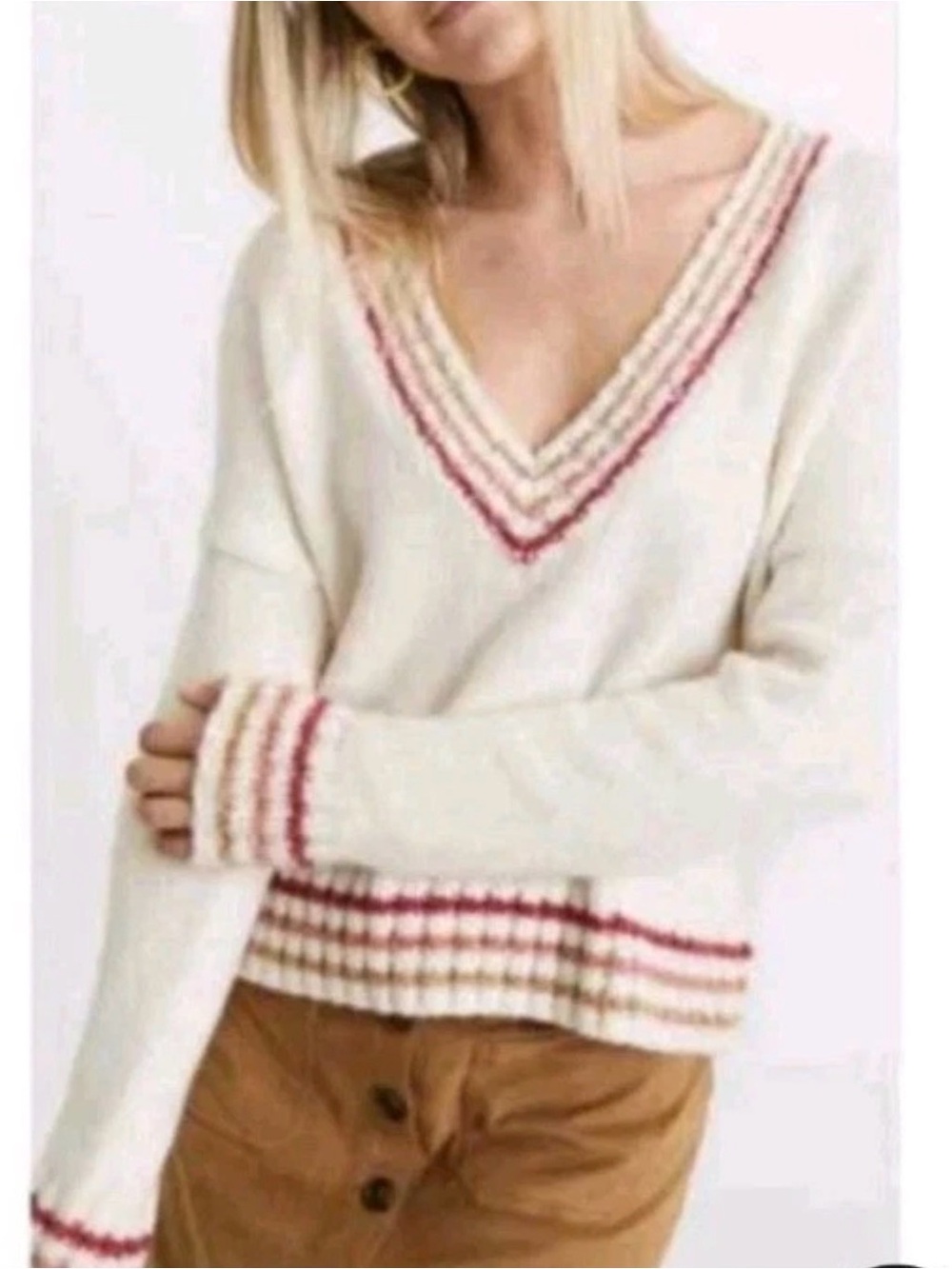 Marine Layer Womens medium Striped Crochet Sweater Mustard Cream Crew Neck 18548
